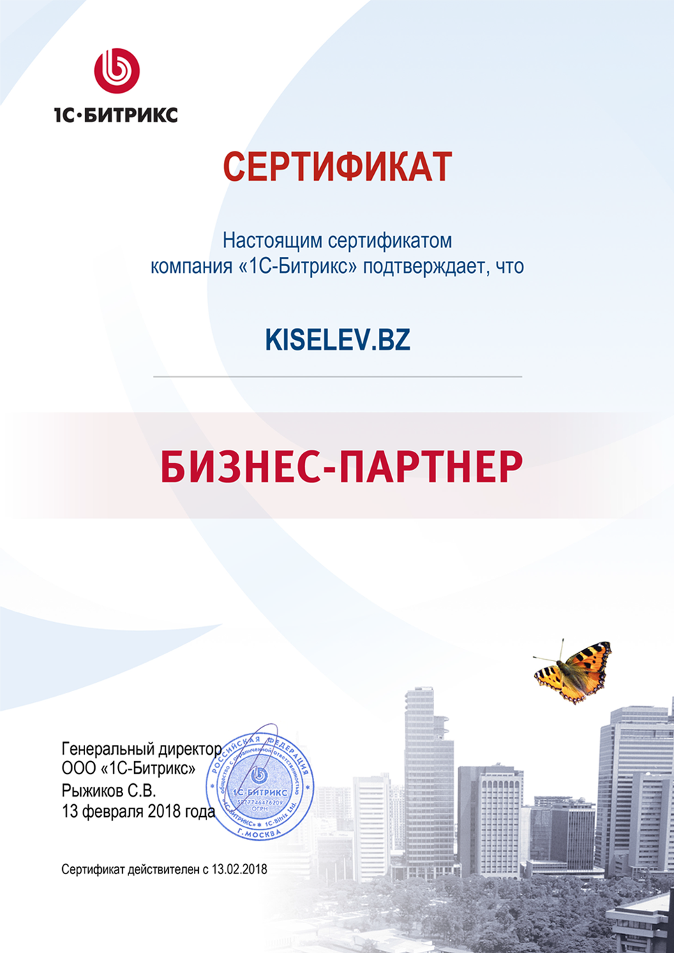 Сертификат партнёра по СРМ системам в Тюкалинске